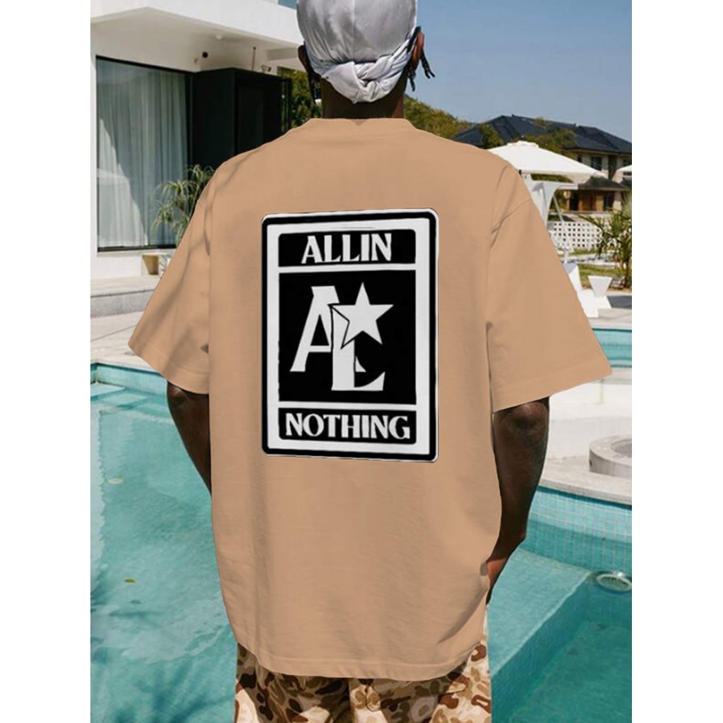 Camiseta Champanhe Palha Estampa All In Nothing Masculina Urbano Old School Bordado Estrela T-Shirt