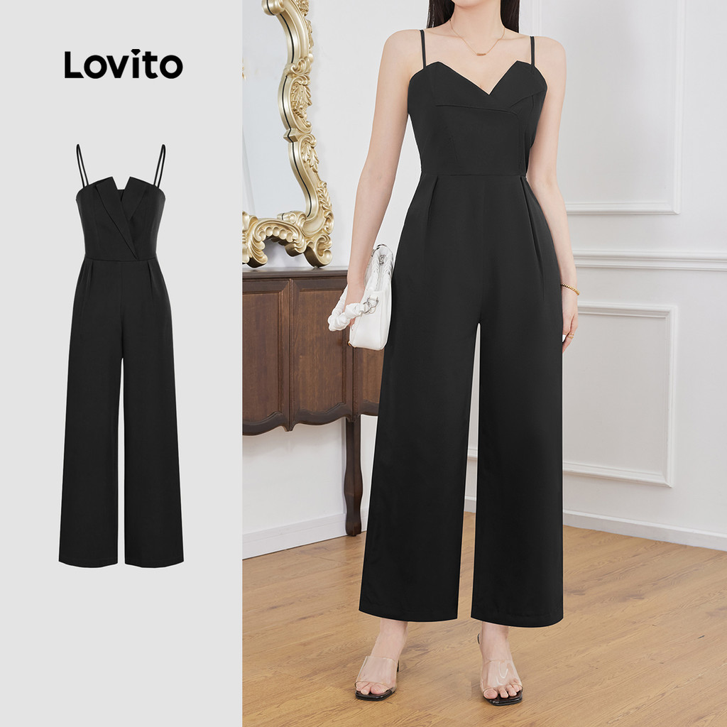Lovito Macacão Elegante Com Alça De Ombro Ajustável Primavera/Verão Macacão Preto Para Mulheres L134ED1010 - Women Clothes