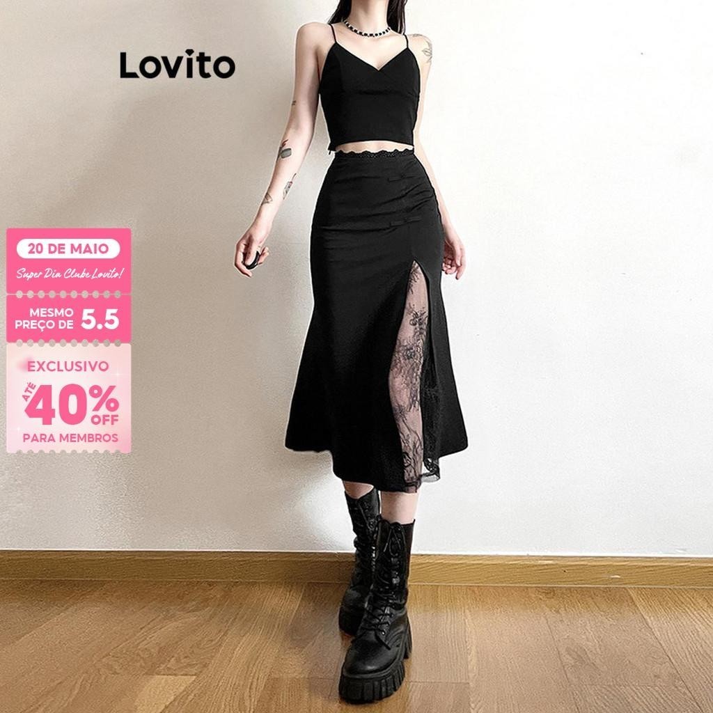 (Trendy) Lovito Saias sexy de renda frontal lisa e dividida para mulheres LNE75513 - Women Clothes