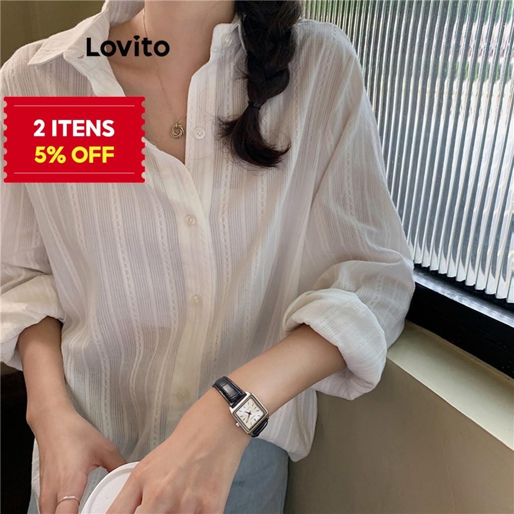 (Trendy) Lovito Blusa Casual Lisa Jacquard Manga Comprida Blusa Feminina LNE27024 (Multicolorido)