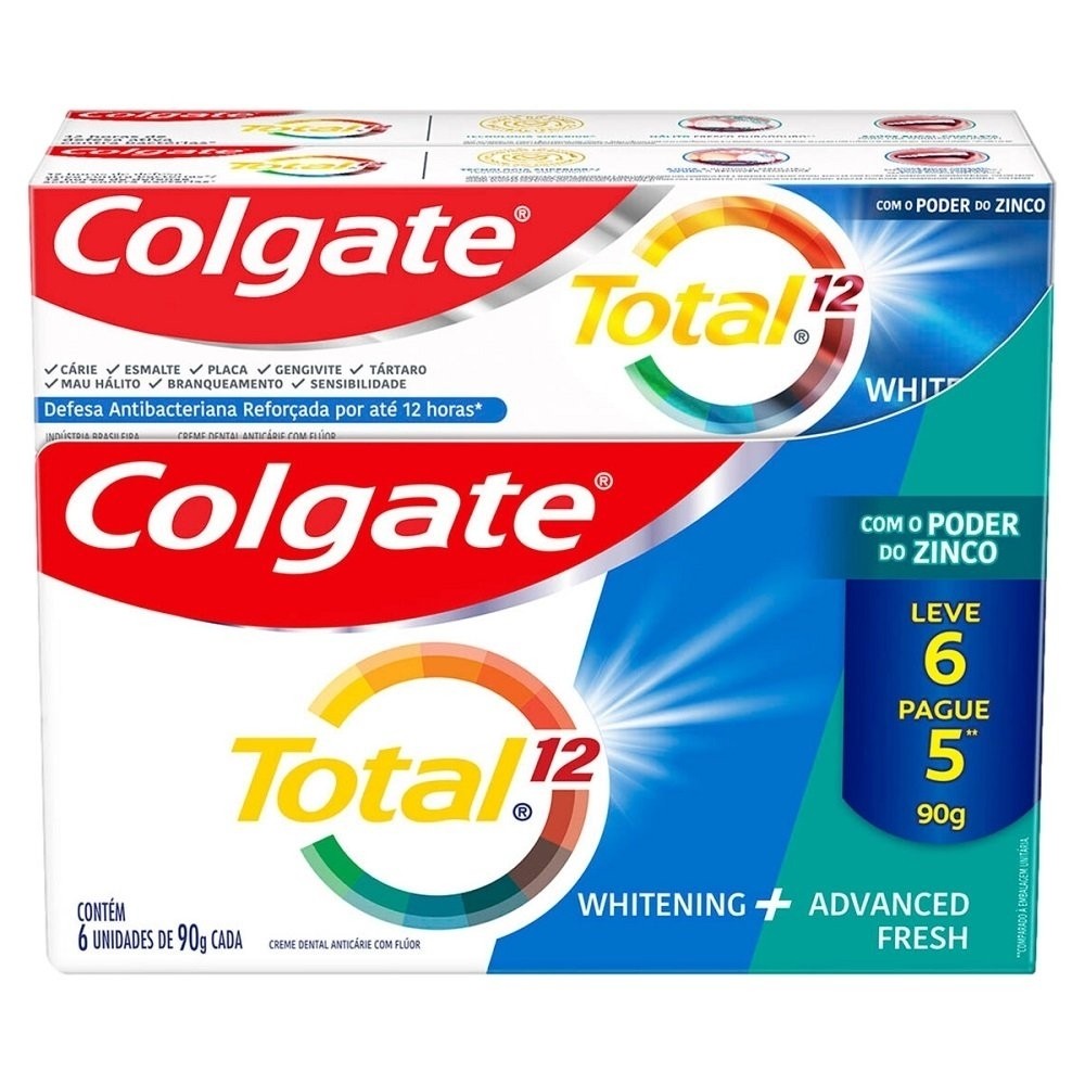 Creme Dental Colgate Total 12 Whitening e Advanced Fresh, Leve 6 Pague 5, 6x90g em Oferta na Shopee