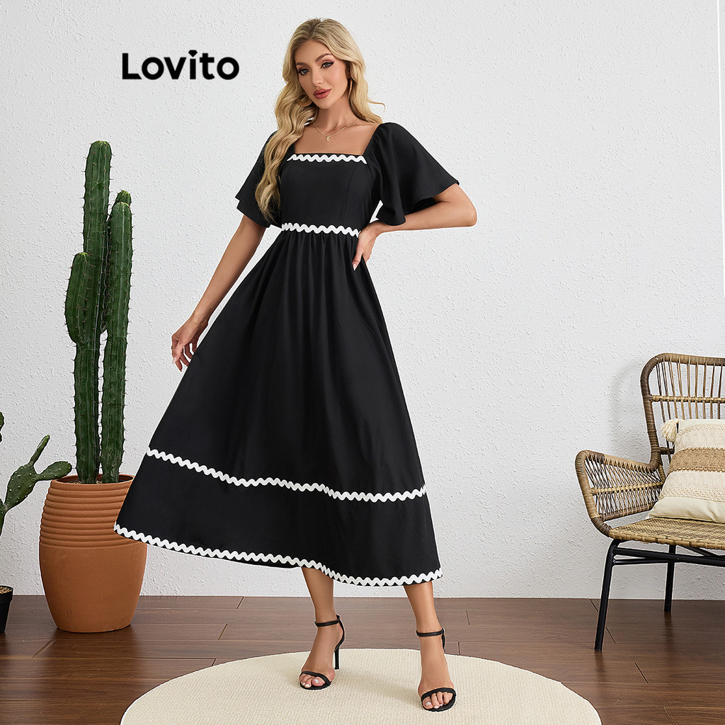 Lovito Vestido Elegante Vestido Liso Com Babados E Fita Contrastante Para Mulheres LBL19238 em Oferta na Shopee