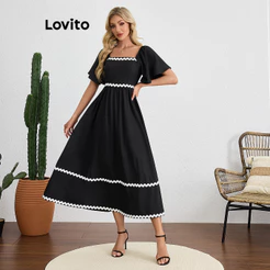 Lovito Casual Vestido Vestido Liso Com Babados E Fita Contrastante Longo Para Mulheres LBL19238