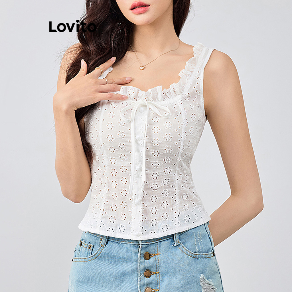 Lovito Casual Plain Ilhós Bordado Alface Acabamento Lace Up Regata para Mulheres L116MD289