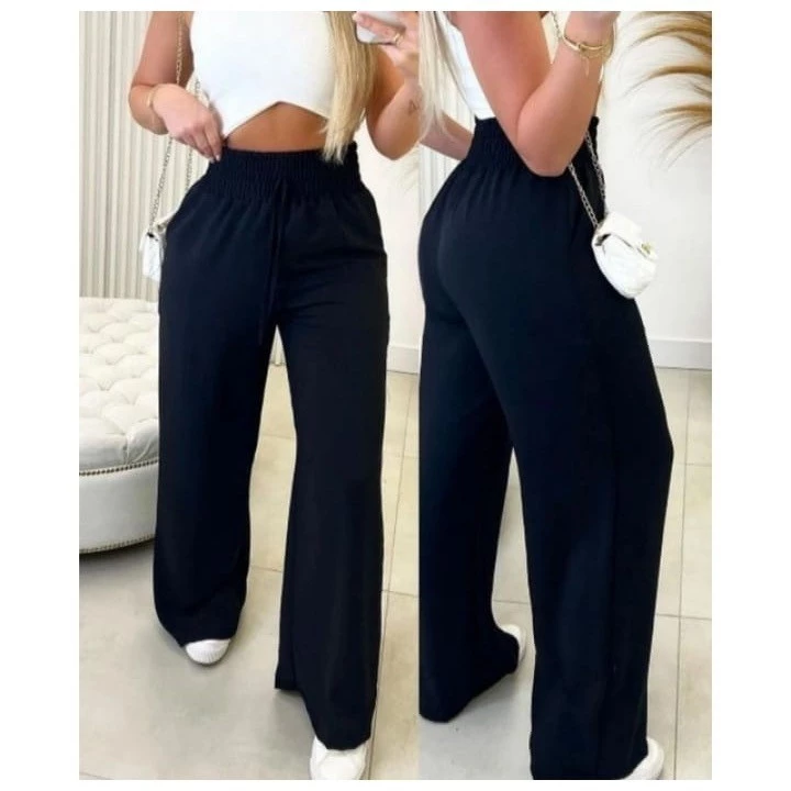 Calça Pantalona Wide Leg Cintura Alta Com Bolso Com Elastico Moda Feminina — imagem 1