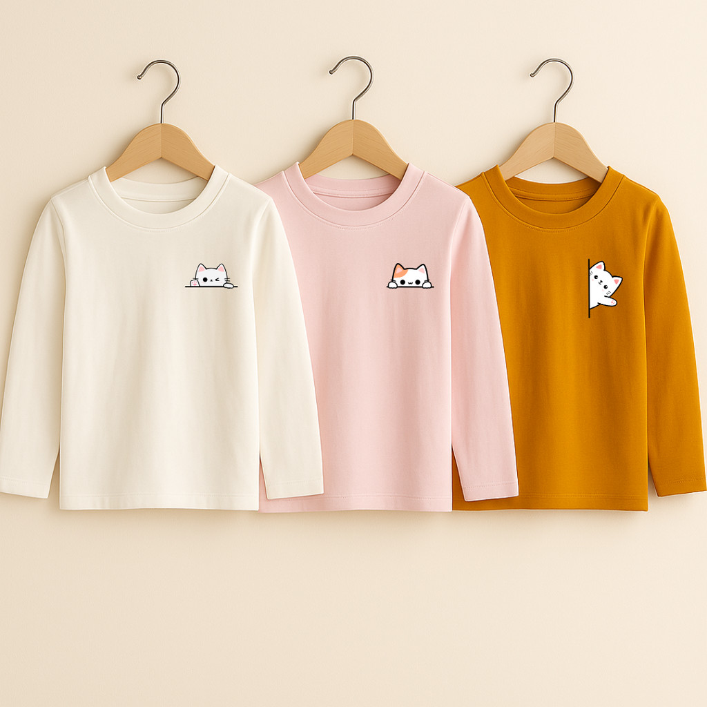 Kit 3 Camiseta Infantil Menina Manga Longa Comprida Gatinha Fofinha Kawaii Fofa 100% Algodão