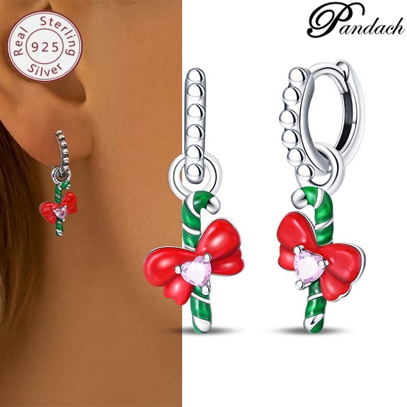 Brincos femininos Pandach s925 prata brincos de cana de caminhada de Natal adequados para mulheres presentes de feriado