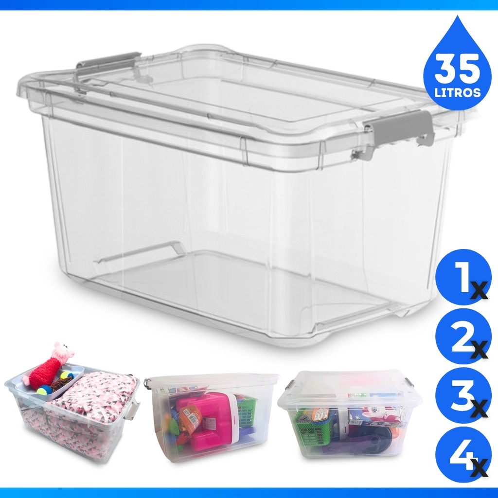 Caixa Organizadora 35 Litros Transparente C/ Trava Multiuso Conjunto Kit 04, 03, 02 ou Un em Oferta na Shopee