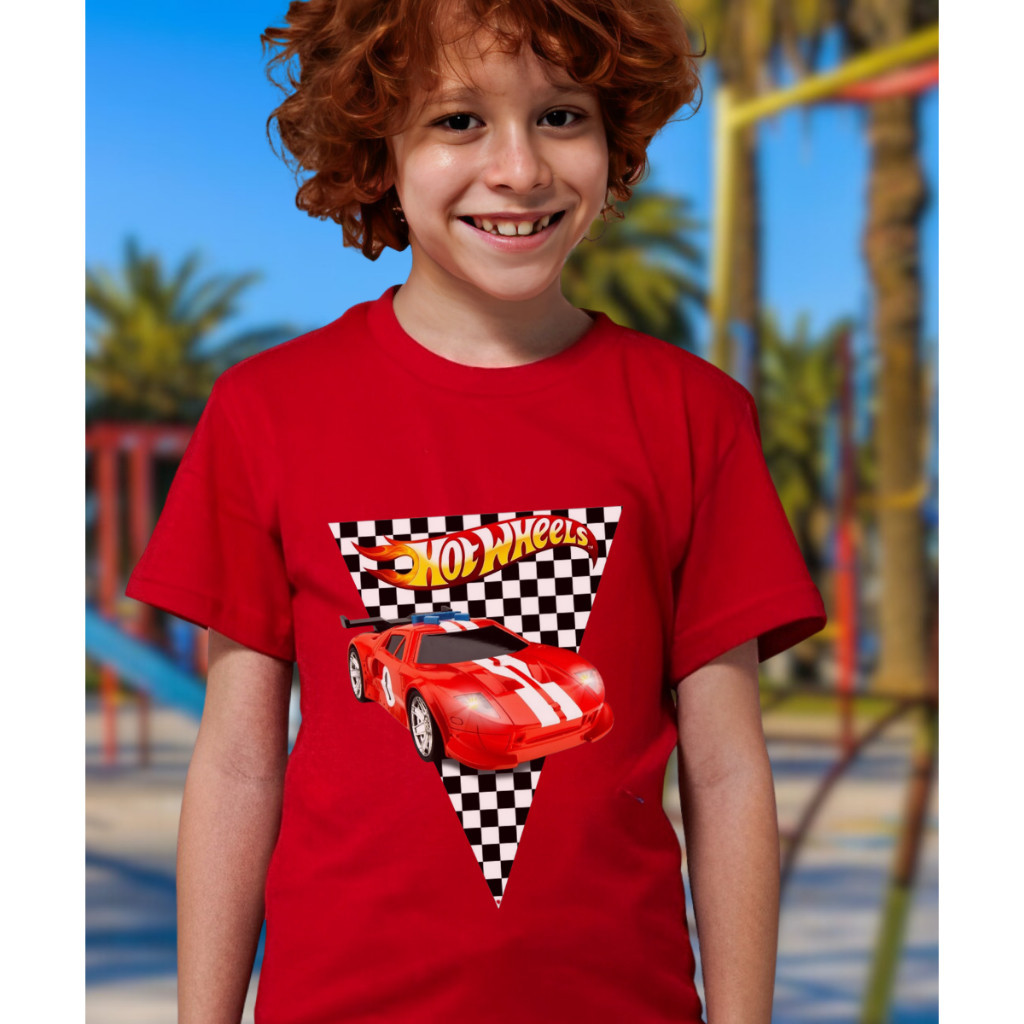 Camiseta Infantil Menino Estampa Hot Wheels Manga Curta Tecido Leve Moda Verão