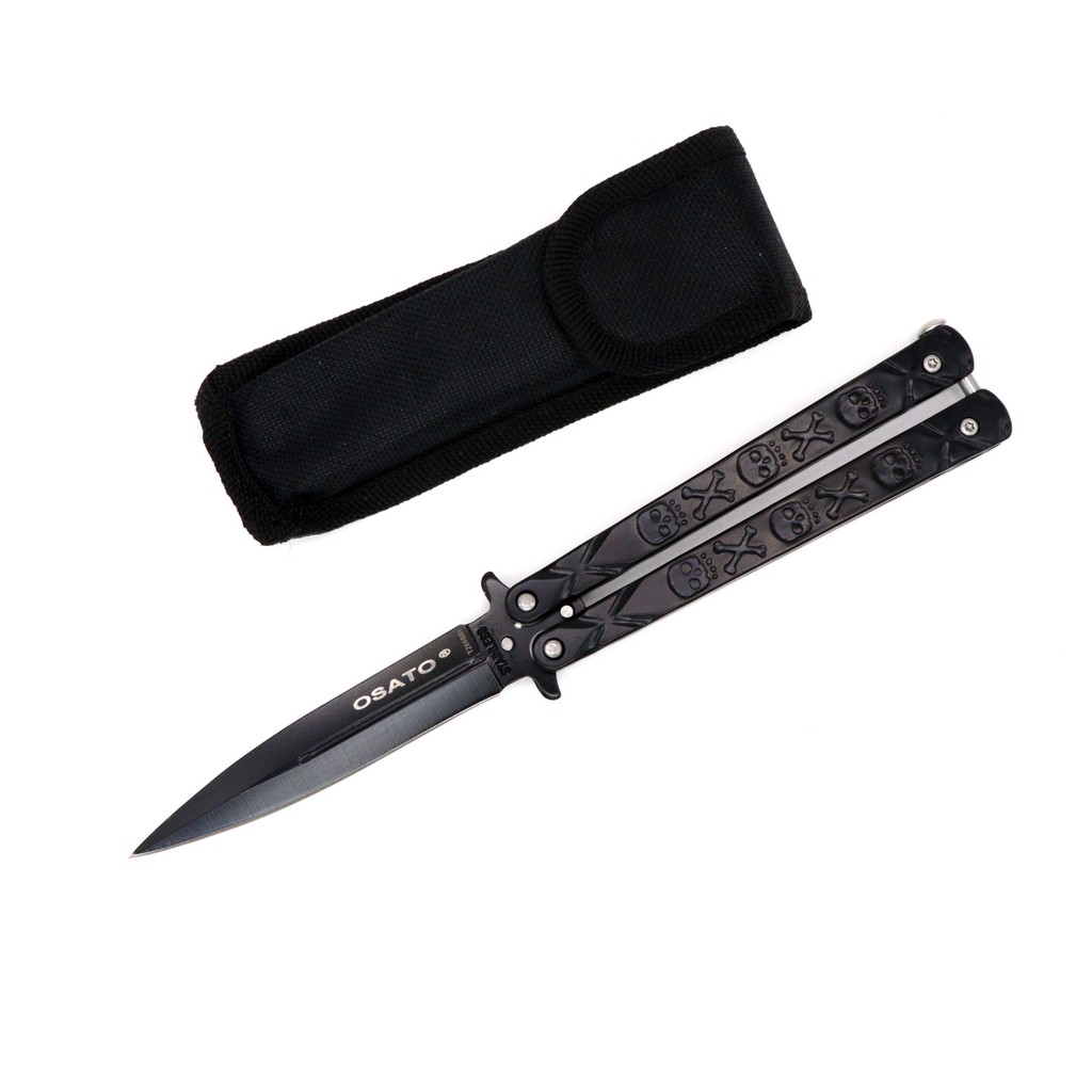 Canivete Butterfly Tático Caveira Aço Inox Preto Afiado Osato