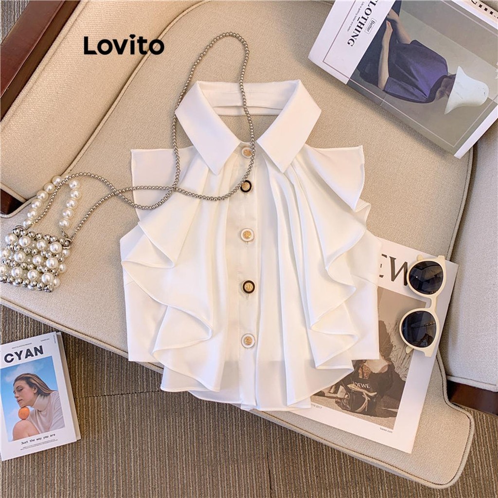 Detalhes do Lovito Regata Elegante Com Babados Lisos E Botão Frontal Para Mulheres LNE42173 (Multicolorido)