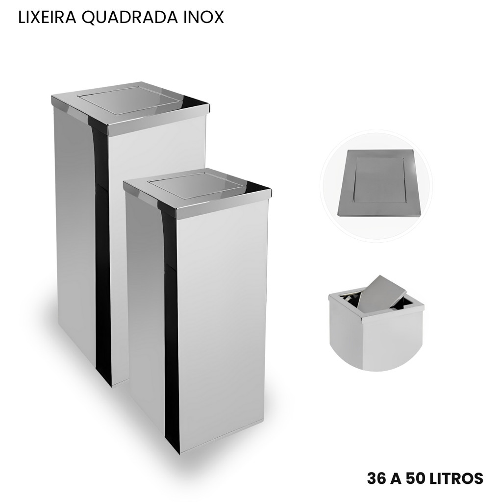 Lixeira Quadrada Aço Inoxidavel 36 a 50 Litros Tampa Basculante