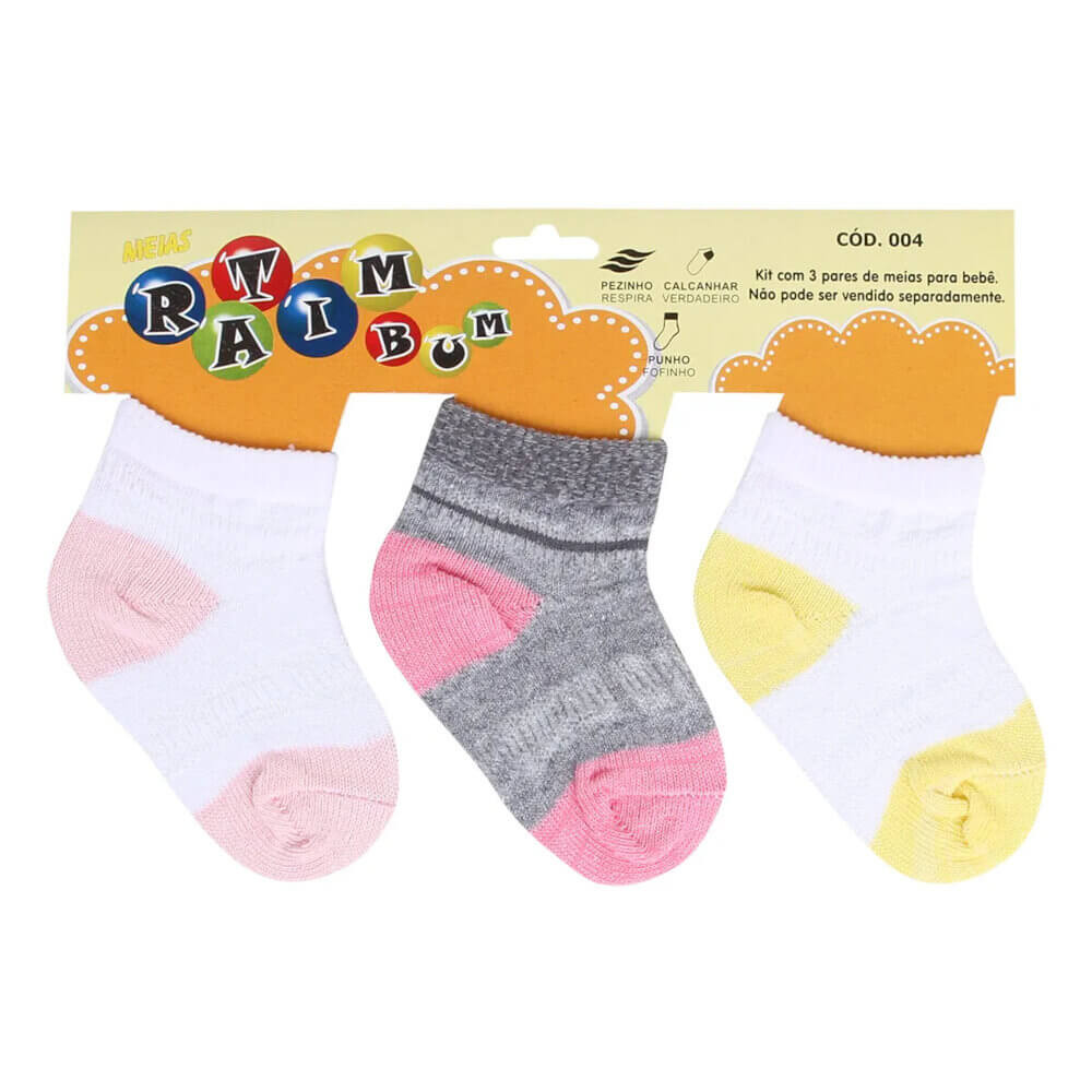 Kit Meia Bebê Ratimbum Trabalhada 03 Pares Sortido