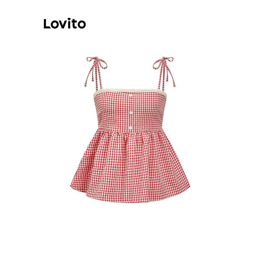 Lovito Blusa Regata Casual Xadrez Com Botões De Renda Para Mulheres L110AD509 em Oferta na Shopee