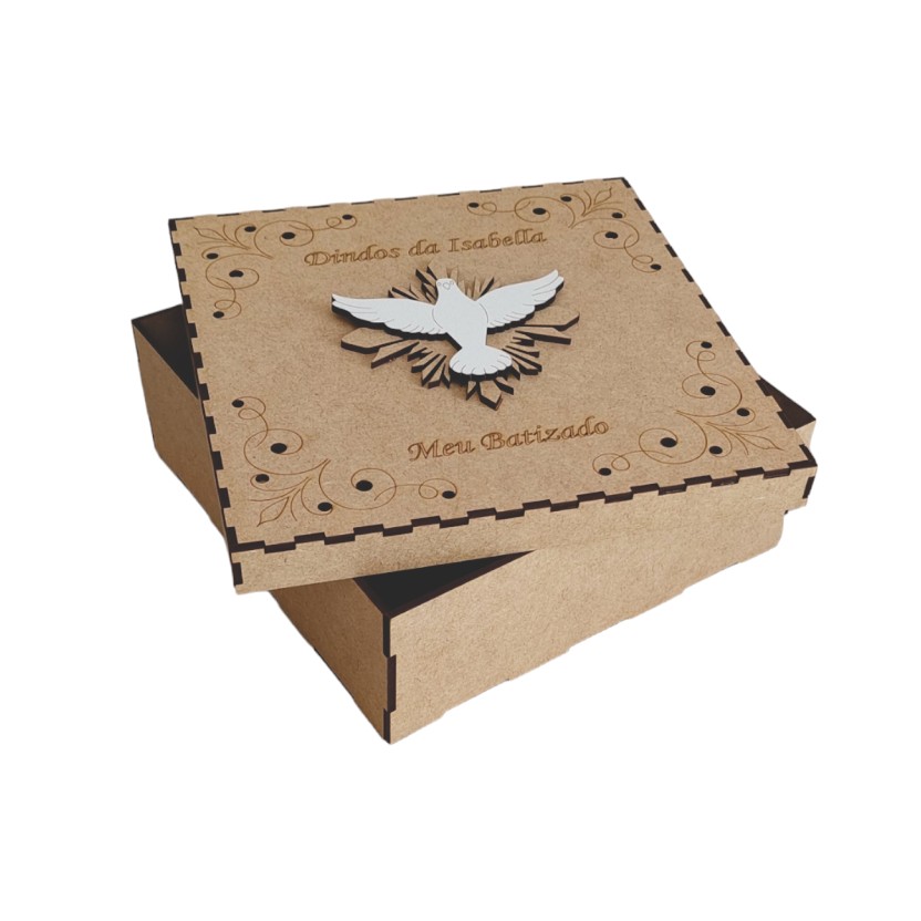 Caixa Batismo Padrinhos Divino Espirito Santo mdf 30x30x10cm