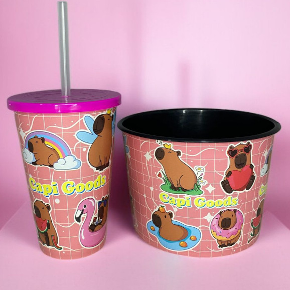 KIT PIPOQUEIRA 1.5L + COPO 550 ML CAPIVARA ROSA - CINEMA LEMBRANCINHA PRESENTES⭐ em Oferta na Shopee