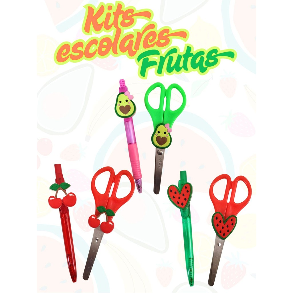 Kit Frutas tesoura sem ponta e caneta esferográfica azul abacate melancia cereja fofos enfermagem enfermeira frutinhas