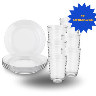 Jogo De 6 Pratos Fundo e 6 Copos de Vidro Arizona Transparente Kit 12 Unidades