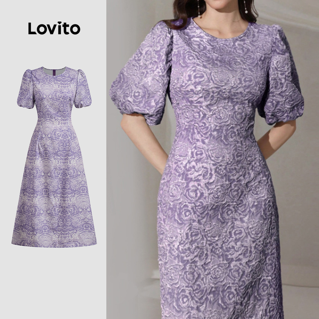 Lovito Vestido Elegante com Dobras, Manga Puff, Primavera/verão Colorido Roxo para Mulheres LBR25LD325 - Women Clothes