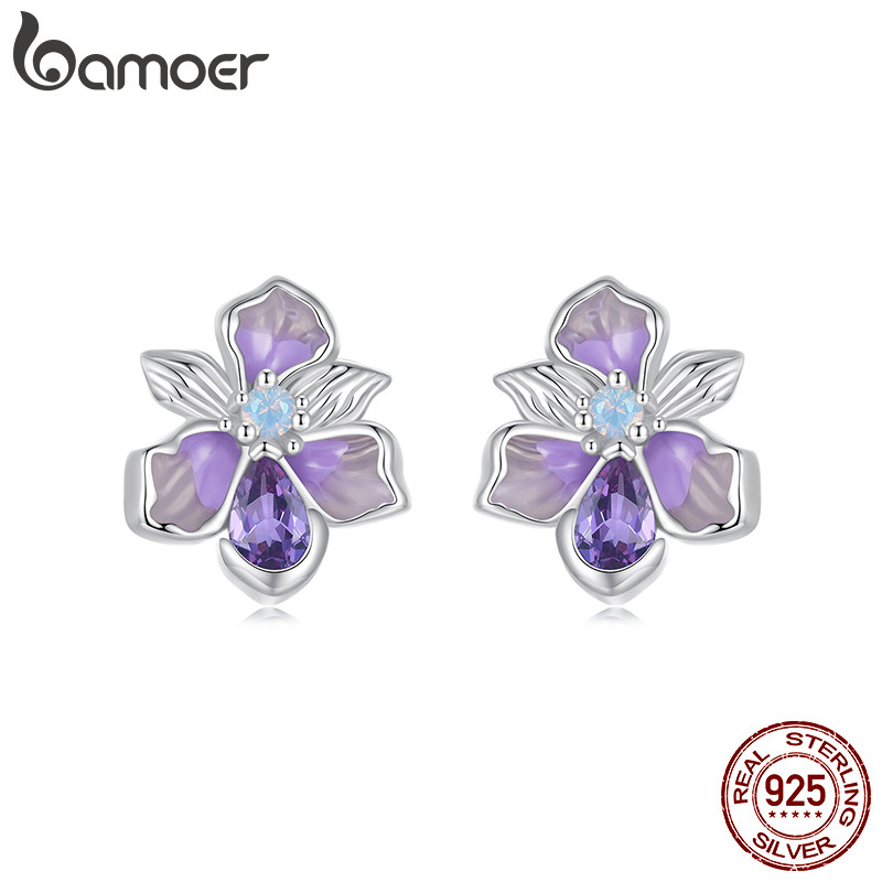 Brincos Bamoer 925 Sterling Sliver Studs Romântico Iris Flower Joias Presentes Para Mulheres