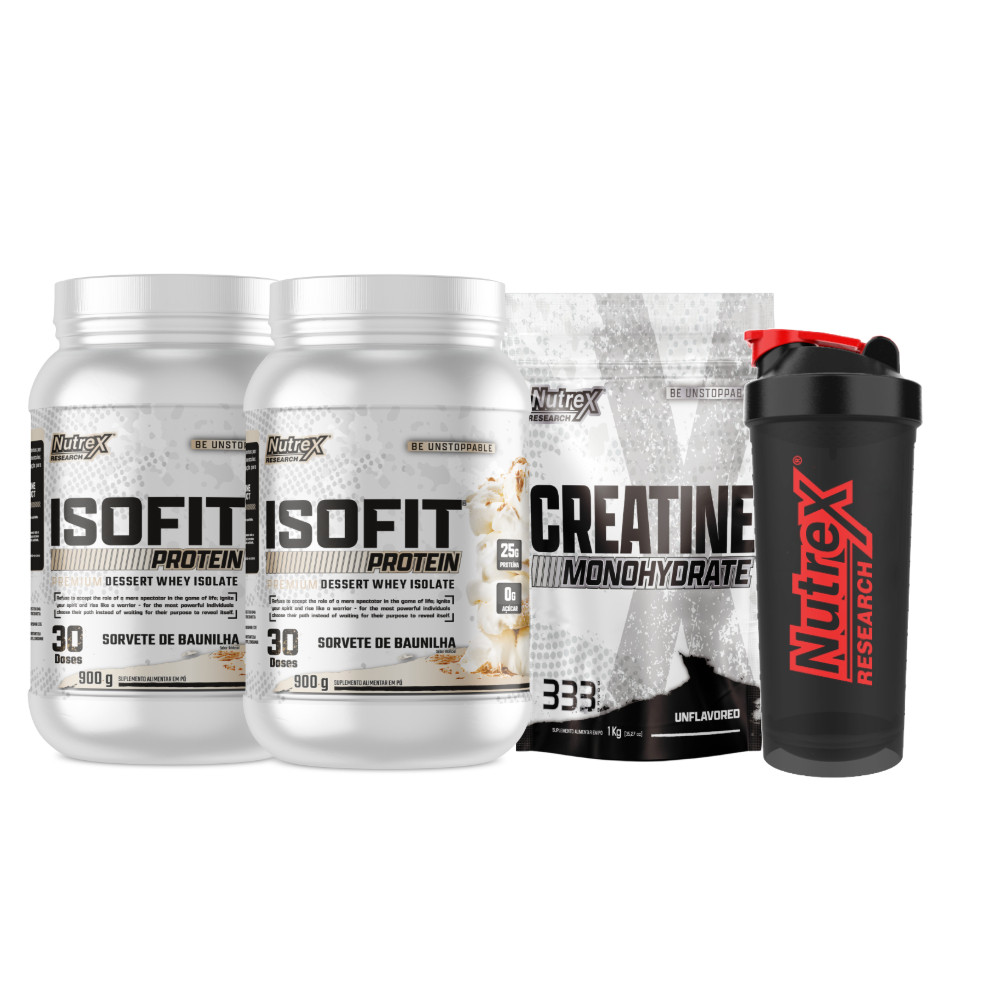 Kit 2x IsoFit Whey 900g + Creatine Monohydrate 1kg + Coqueteleira Nutrex Alta Performance e Ganhos Reais