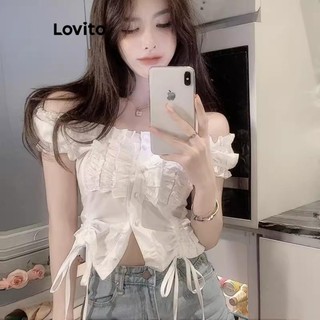 Lovito Blusa casual lisa com renda para mulheres LNA59029 em Oferta na Shopee