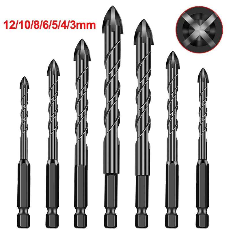 Kit 7Pcs Jogo De Brocas Hexagonais Cruzadas De 3-12mm De 4 Bordas Para De Porcelanato De Concreto Vidro-Preto/Laranja