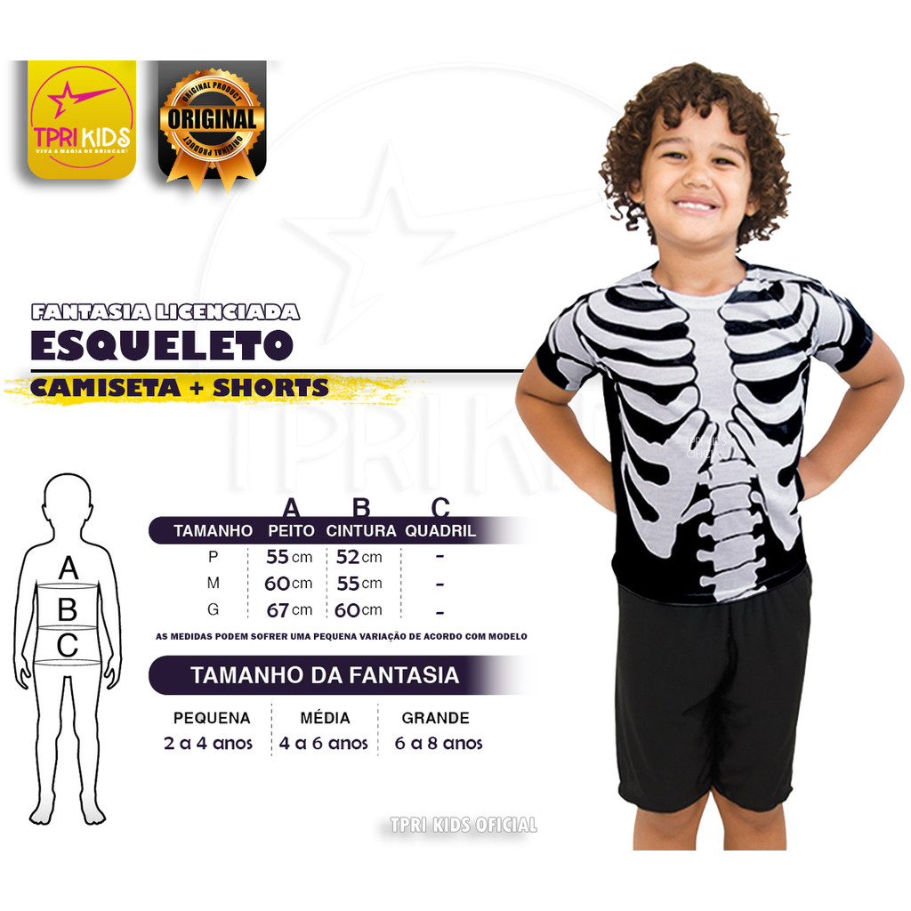 Fantasia Infantil Menino Esqueleto Halloween Camiseta Bermuda Festa Temática Carnaval Cosplay Top