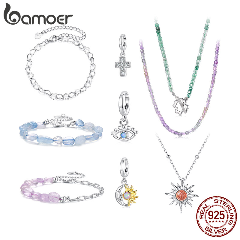 Bamoer 925 Prata Esterlina Pingente Amor Coração Azul Roxo Morango Cristal Fluorite Ouro Sunstone Acessórios Série Pulse