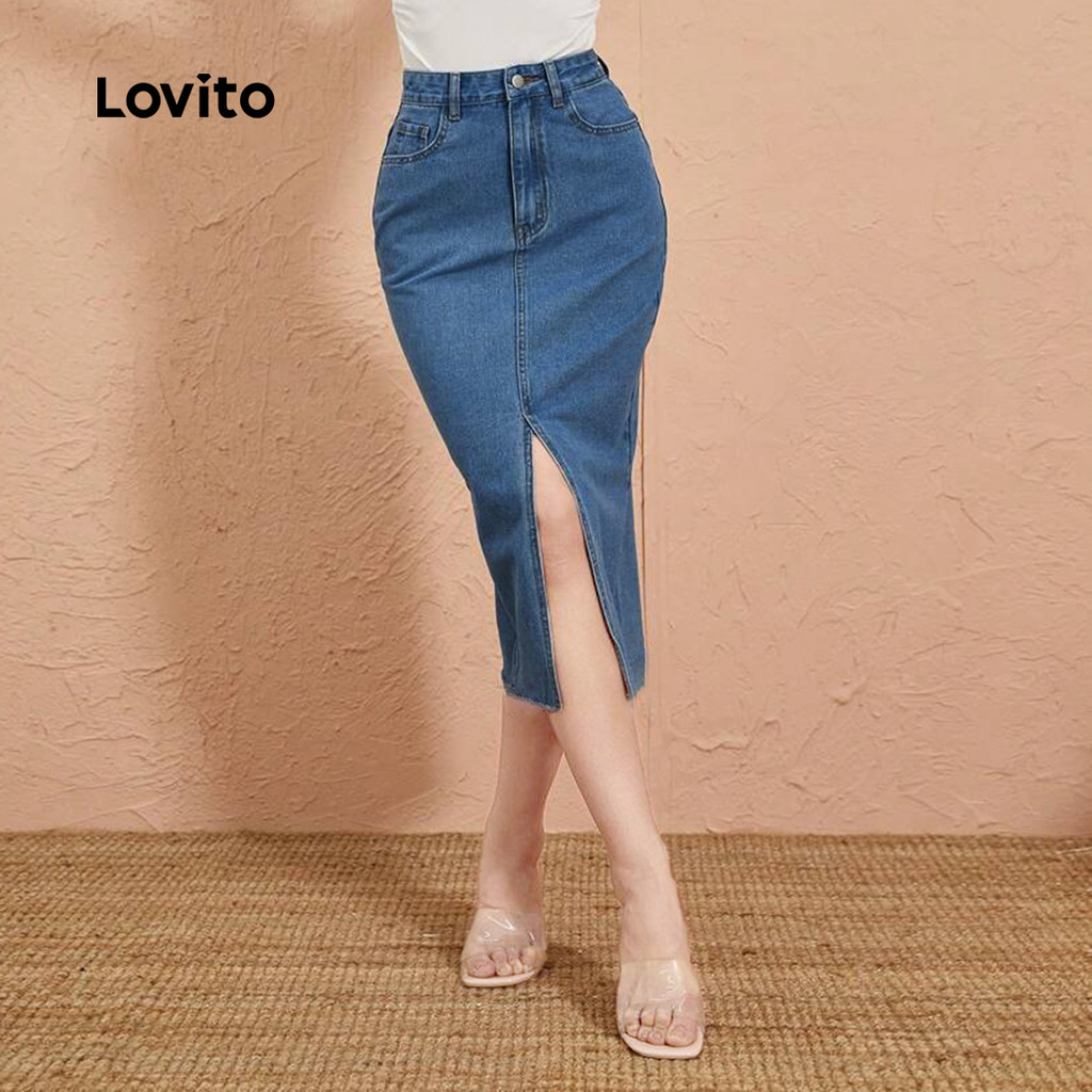 Detalhes do Lovito Saia de jeans sofisticada com bolso frontal bipartido e fecho para mulheres L129ED321