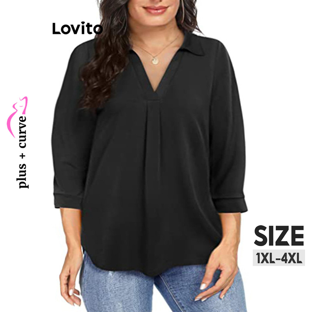 Lovito Blusa Curva Plus Size Casual Blusa De Gola Lisa Para Mulheres LNL62056 - Women Clothes