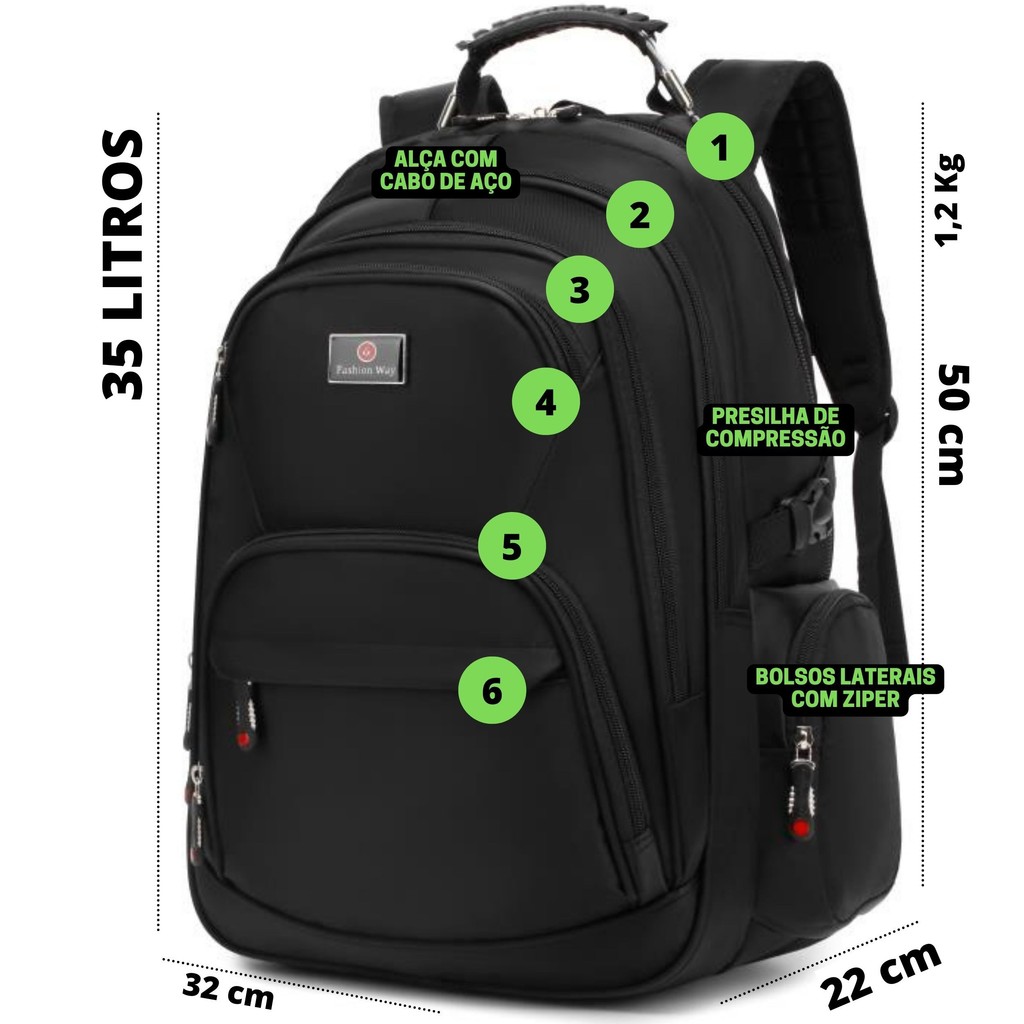 Mochila Masculina Reforçada Impermeável Grande Alça Cabo de Aço