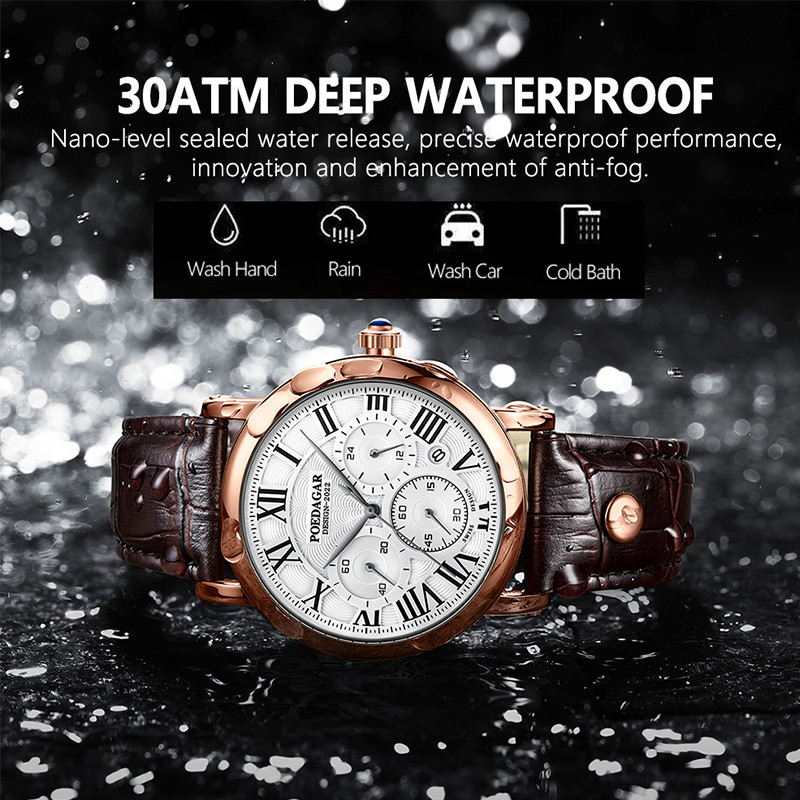 POEDAGAR Relógio Masculino De Negócios Couro Luxo Cronógrafo À Prova Dwaterproof Água Data Quartzo Relógios Encantadores