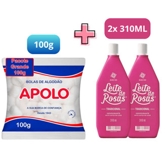 Kit C/2 Leite de Rosas 310ml + 1 Pacote de Bolas de Algodão Apolo 100g em Oferta na Shopee