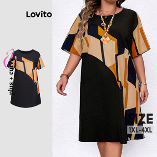 Lovito Vestido Curva Plus Size Casual Padrão Geométrico Vestido Básico Para Mulheres LBL20642 em Oferta na Shopee