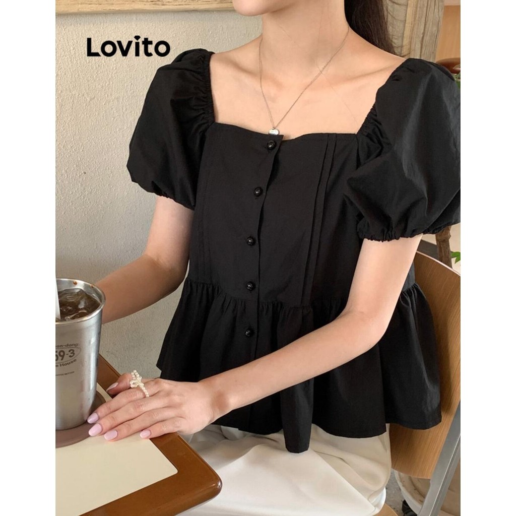 Lovito Blusa Casual Com Babados Lisos E Bainha Com Botões Para Mulheres LNE71652 - Women Clothes