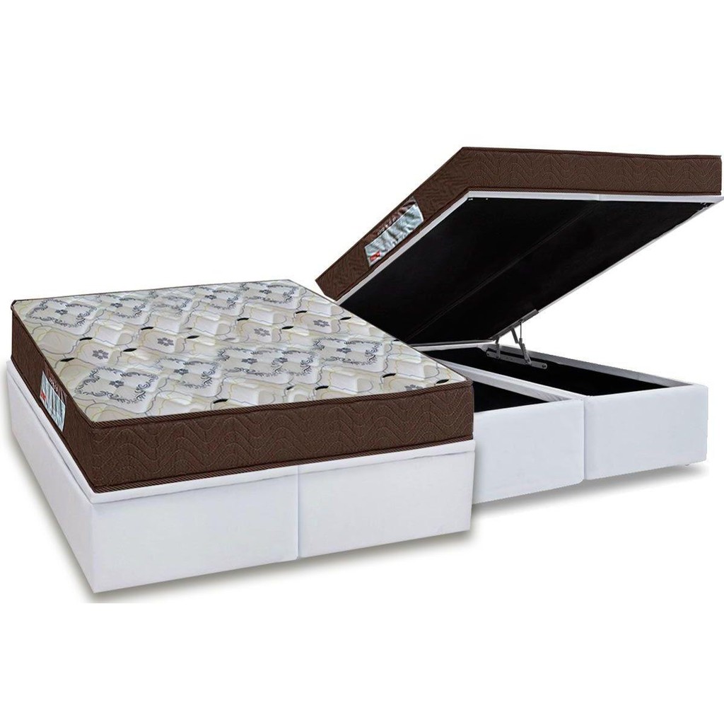 Cama Box Baú Queen: Colchão Ortopédico Ortobom D45 / EP ISO 150 Mega Firme + Base CRC Courano White(158x198)