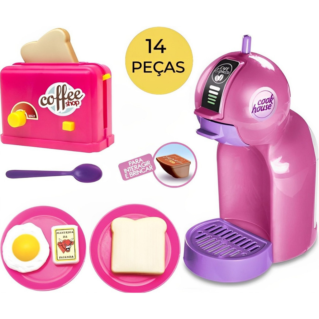 Cafeteira Expresso + Torradeira Kit com 14 peças Coffe Break - Brinquedo Infantil