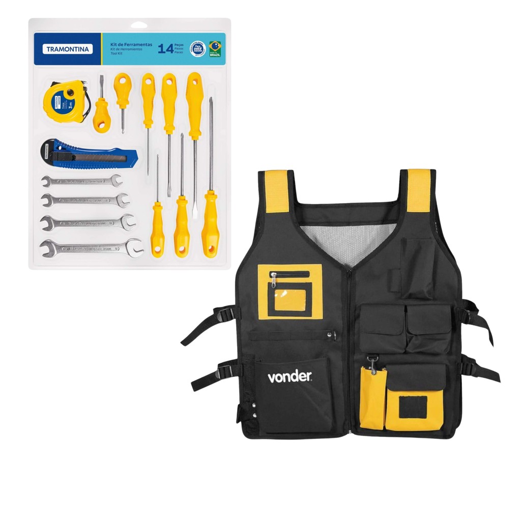 Kit Jogo de Ferramentas Utensílios Tramontina 14 Peças Colete Porta Ferramentas Lona Vonder