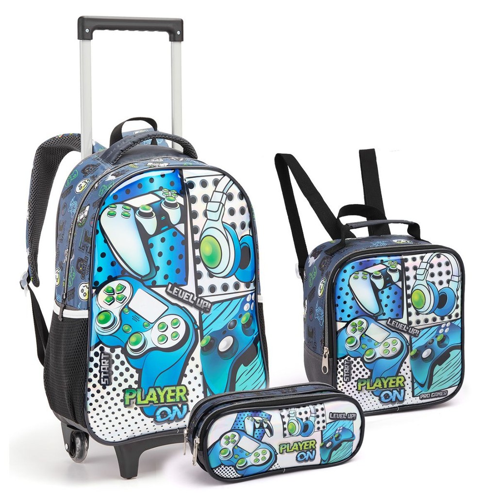 Kit Mochila Rodinhas Lancheira Estojo Infantil Gamer Player On Escolar Jogos Video Game Seanite