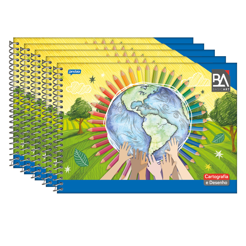 Caderno de Cartografia e Desenho Espiral Flexível 96 Folhas Basic Art - Pacote Com 5 Unidades