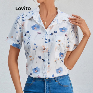 Lovito Blusa casual floral assimétrica com bolso e botões na frente para mulheres LBL18082 em Oferta na Shopee