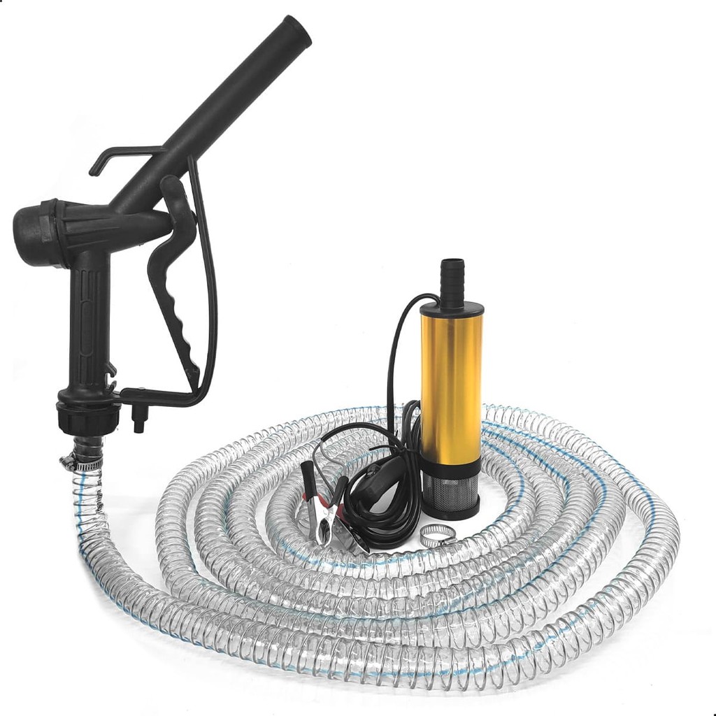 Kit Bomba Submersível Óleo Diesel e Água 12V com Pistola Gatilho e Mangueira 5 Metros 80w 8500 RPM Com Filtro Inox