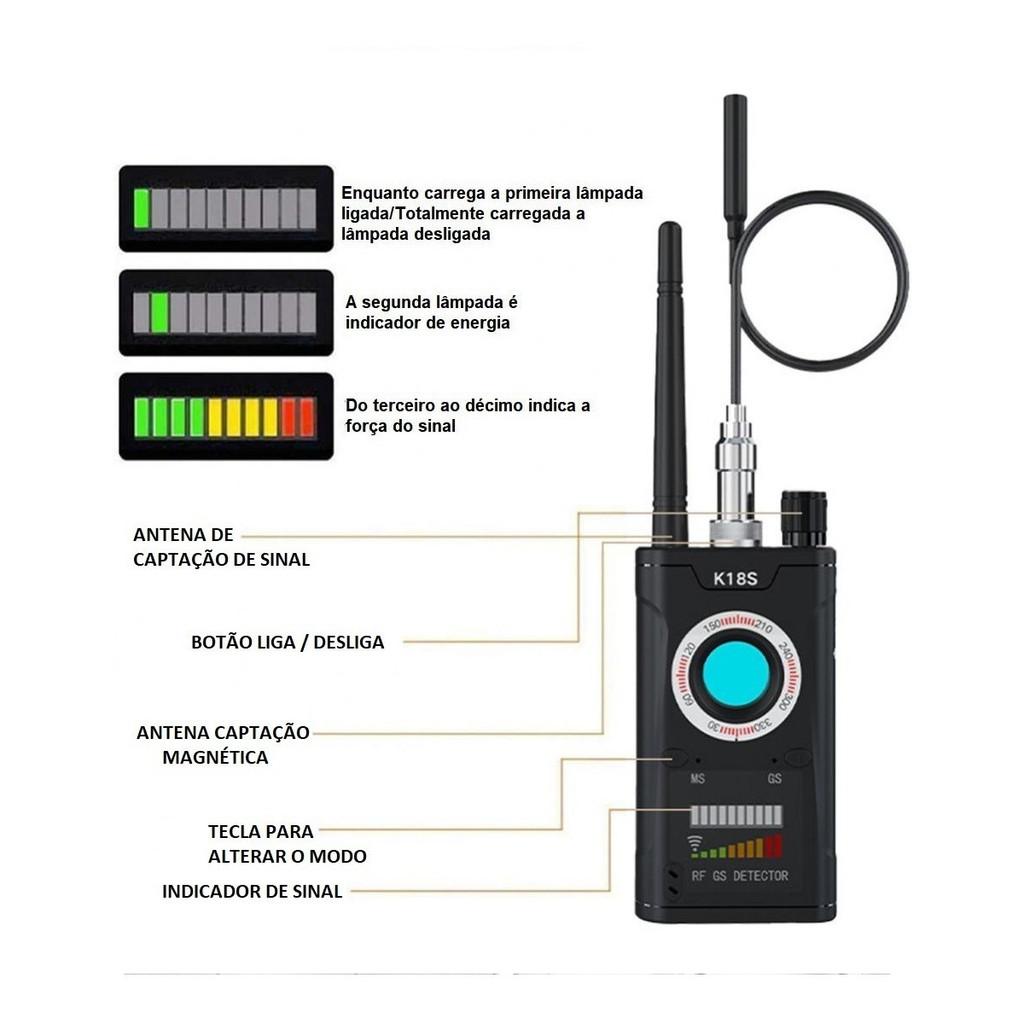 Detector K18 Vassourinha Rf Capta Câmera Gps Rastreador