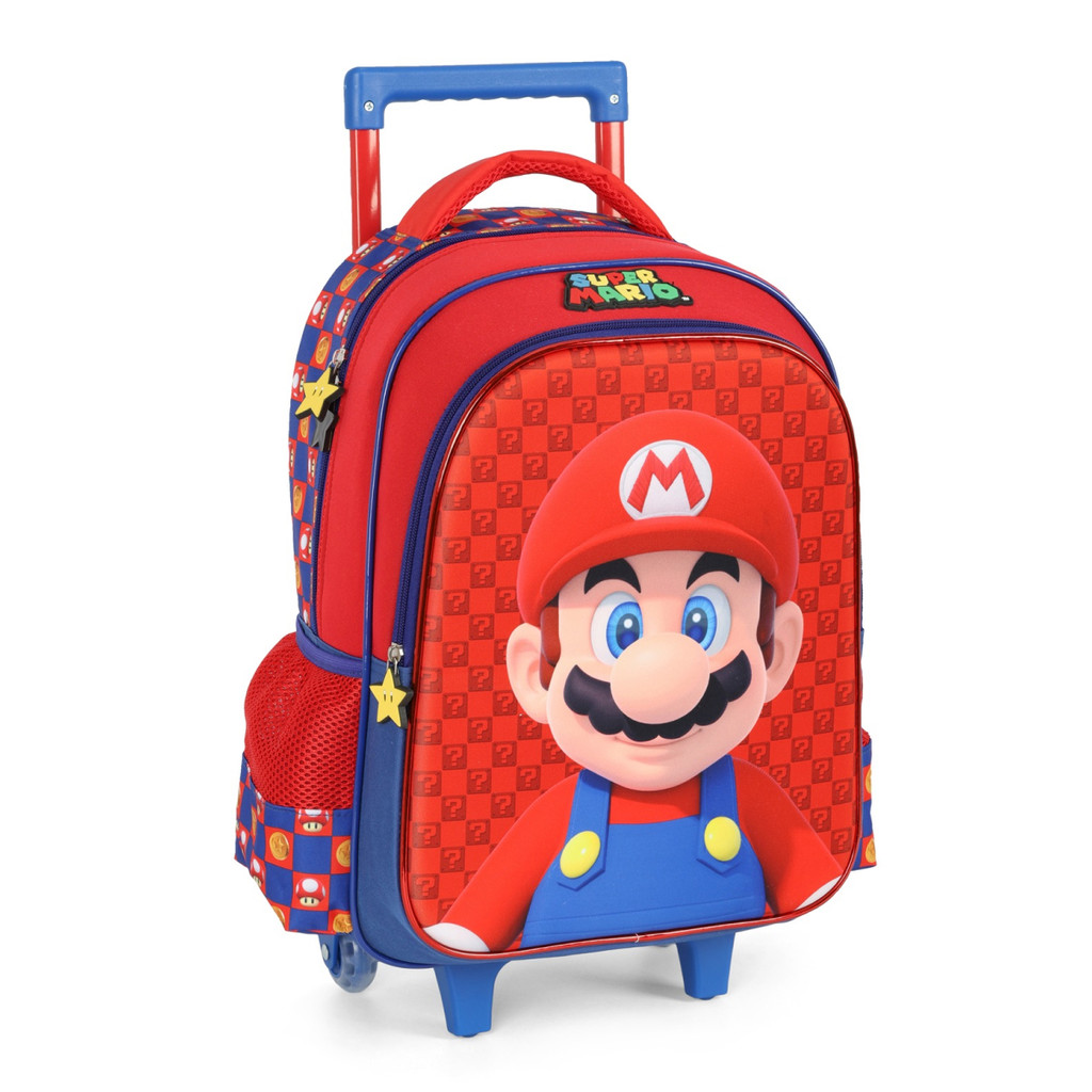 Mochila Escolar Grande Com Rodinhas E Alça Super Mario Bros 4 Bolsos PU Com Chaveiros UP4YOU