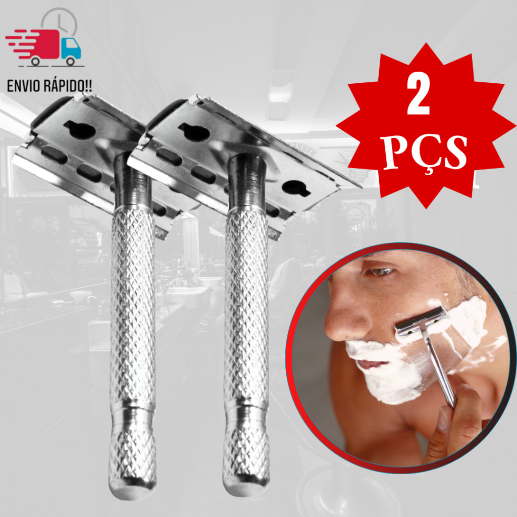 Kit 2 Peças Aparelho de Barbear Barbeador de Metal Articulado com Cabo Adaptável a Mão Acompanha uma Lâmina Retrô Afiada