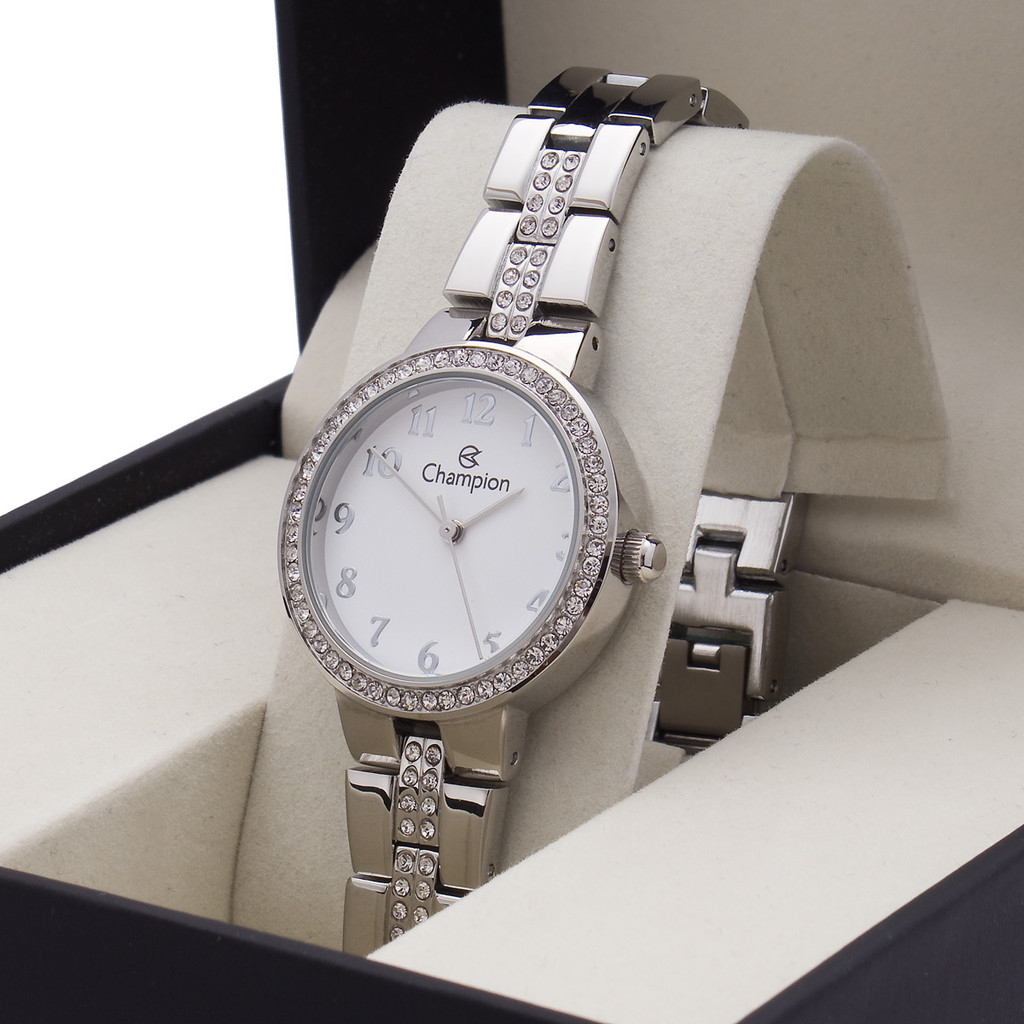 Relógio Feminino Prata Champion Original Prateado Com Pedras Presente Mulher CF25438Q