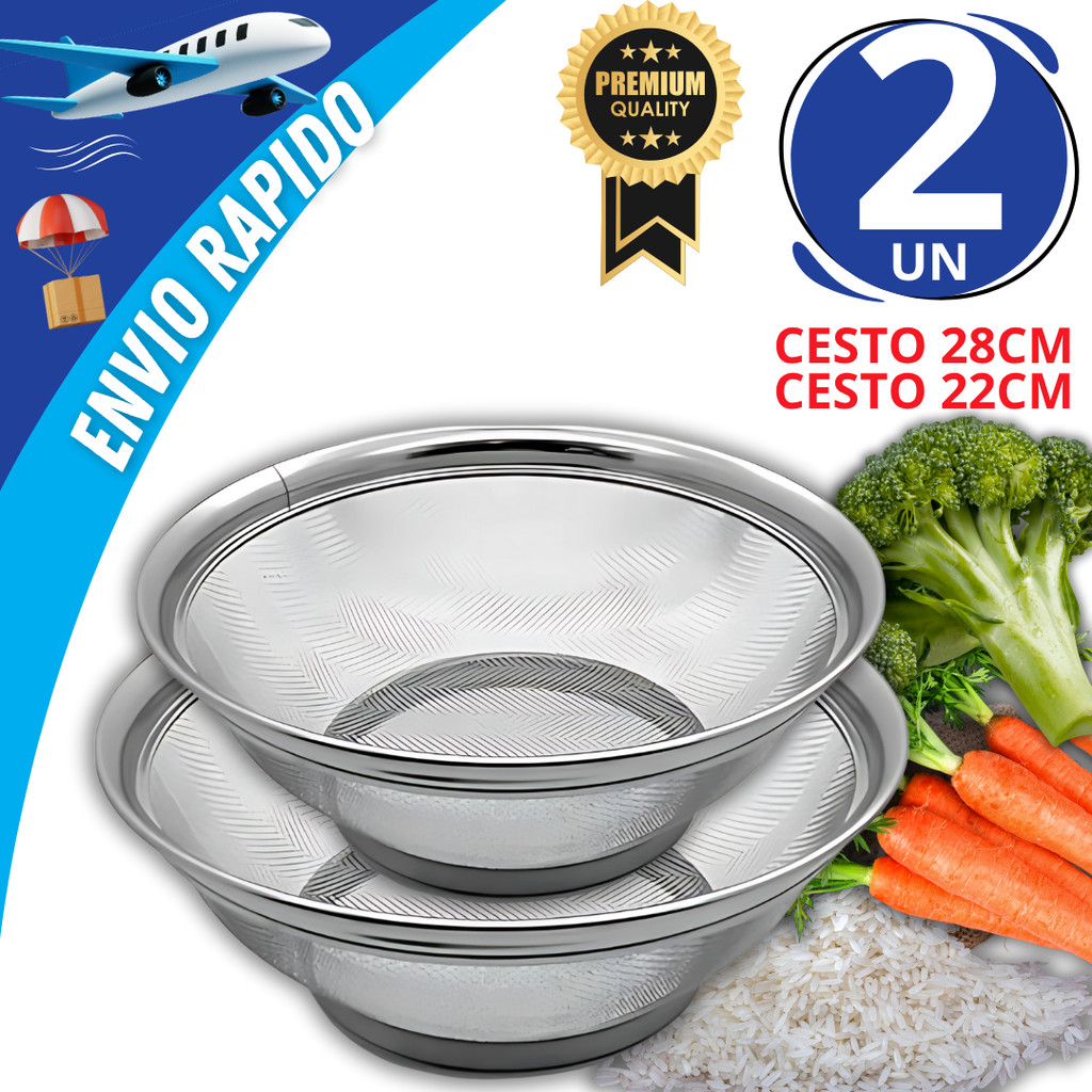 Kit 2 Cestos Escorredores Inox 22cm e 28cm Multiuso Para Lavar Alimentos Frutas Legumes Arroz Massas em Oferta na Shopee