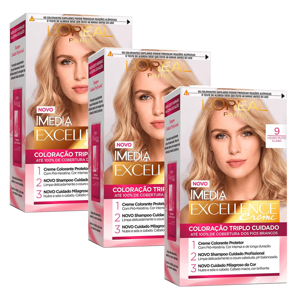 Kit Tintura Imédia Excellence L'Oréal Louro Muito Claro 9 - 3 Unidades - Beauty