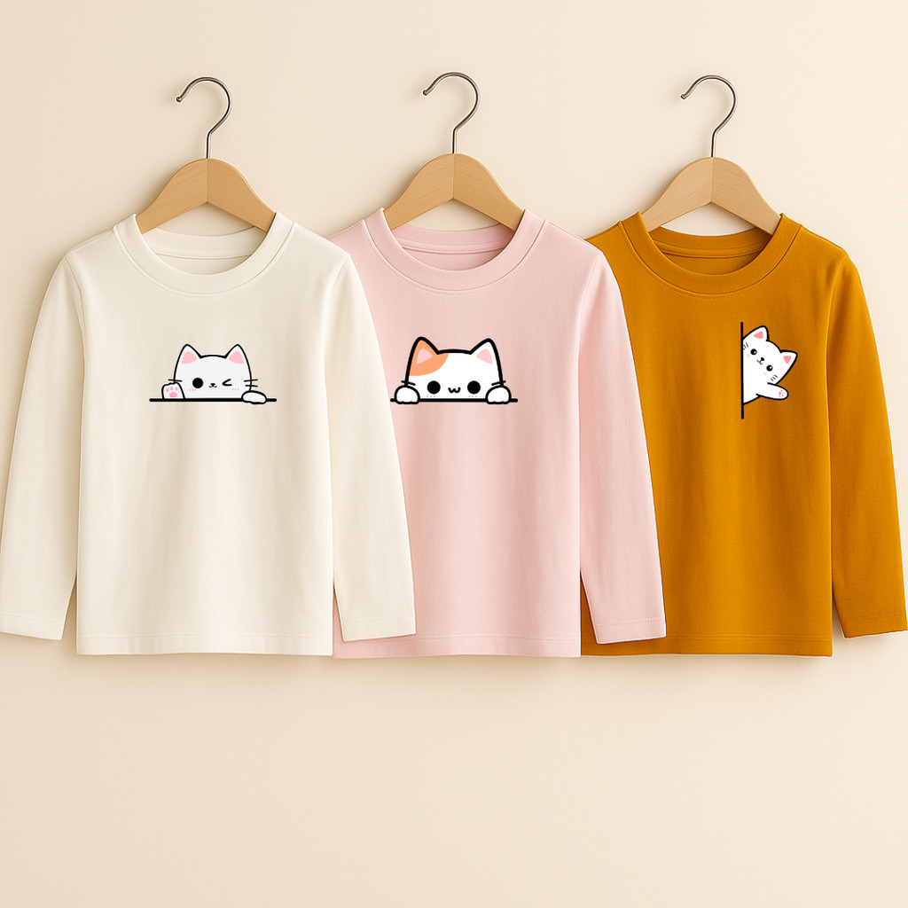 Kit 3 Camiseta Infantil Menina Manga Comprida Gatinha Fofinha Kawaii Fofa 100% Algodão